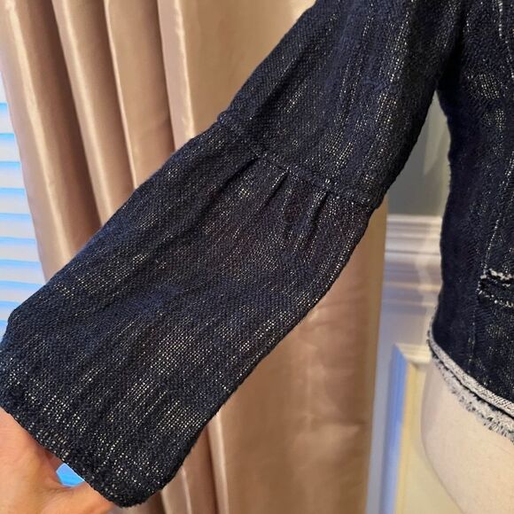 EUC Women's Elie Tahari Navy White Linen Blend Woven Fringe Jacket Size SMALL - Picture 6 of 10